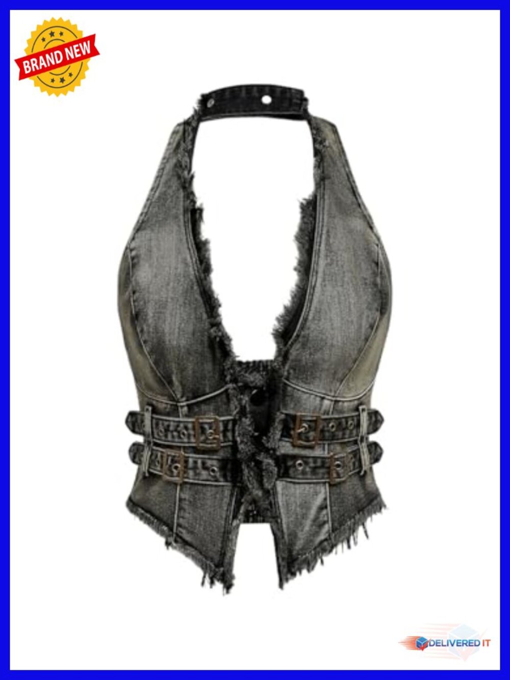 Sleeveless Halter Backless Denim Fringe Trim Vest Top